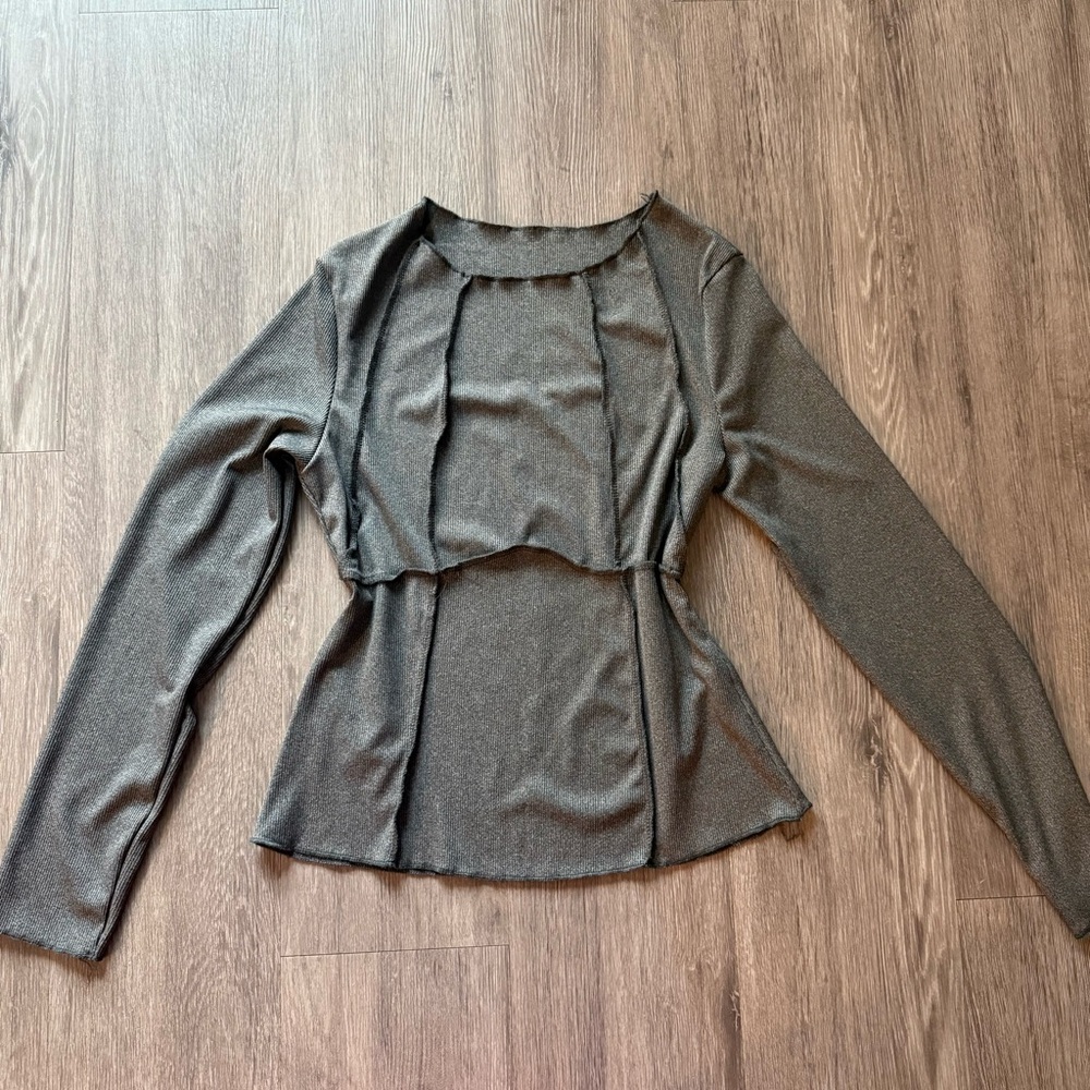 Womens Long Sleeve Peplum Top - Metallic Charcoal Reverse Stitching Grunge Emo